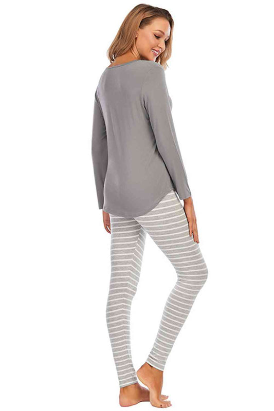 Graphic Round Neck Top and Striped Pants Set - Flyclothing LLC