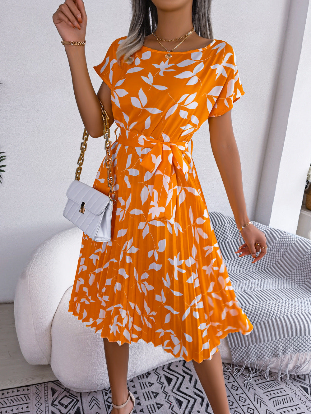 Printed Round Neck Short Sleeve Pleated Dress - Flyclothing LLC