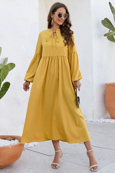 Ruched Tie Neck Balloon Sleeve Midi Dress - Flyclothing LLC