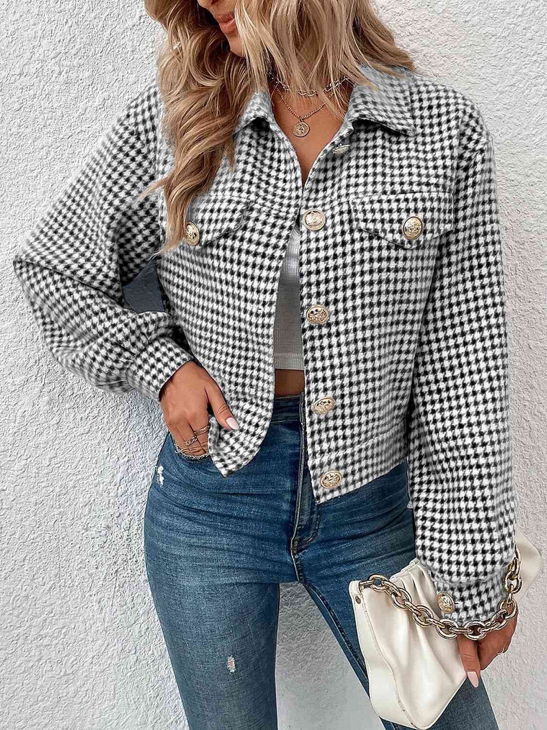 Houndstooth Collared Neck Button Up Jacket - Flyclothing LLC