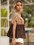 Striped Tie Neck Short Sleeve Blouse - Flyclothing LLC