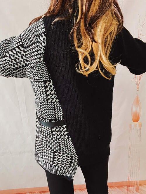 Houndstooth Turtleneck Long Sleeve Slit Sweater - Trendsi