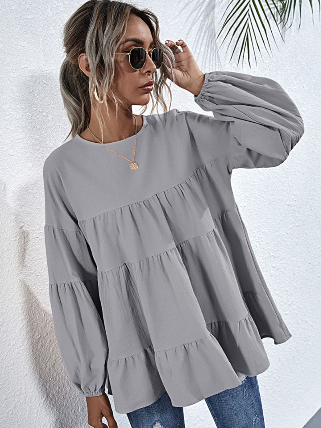 Round Neck Dropped Shoulder Tiered Blouse - Flyclothing LLC