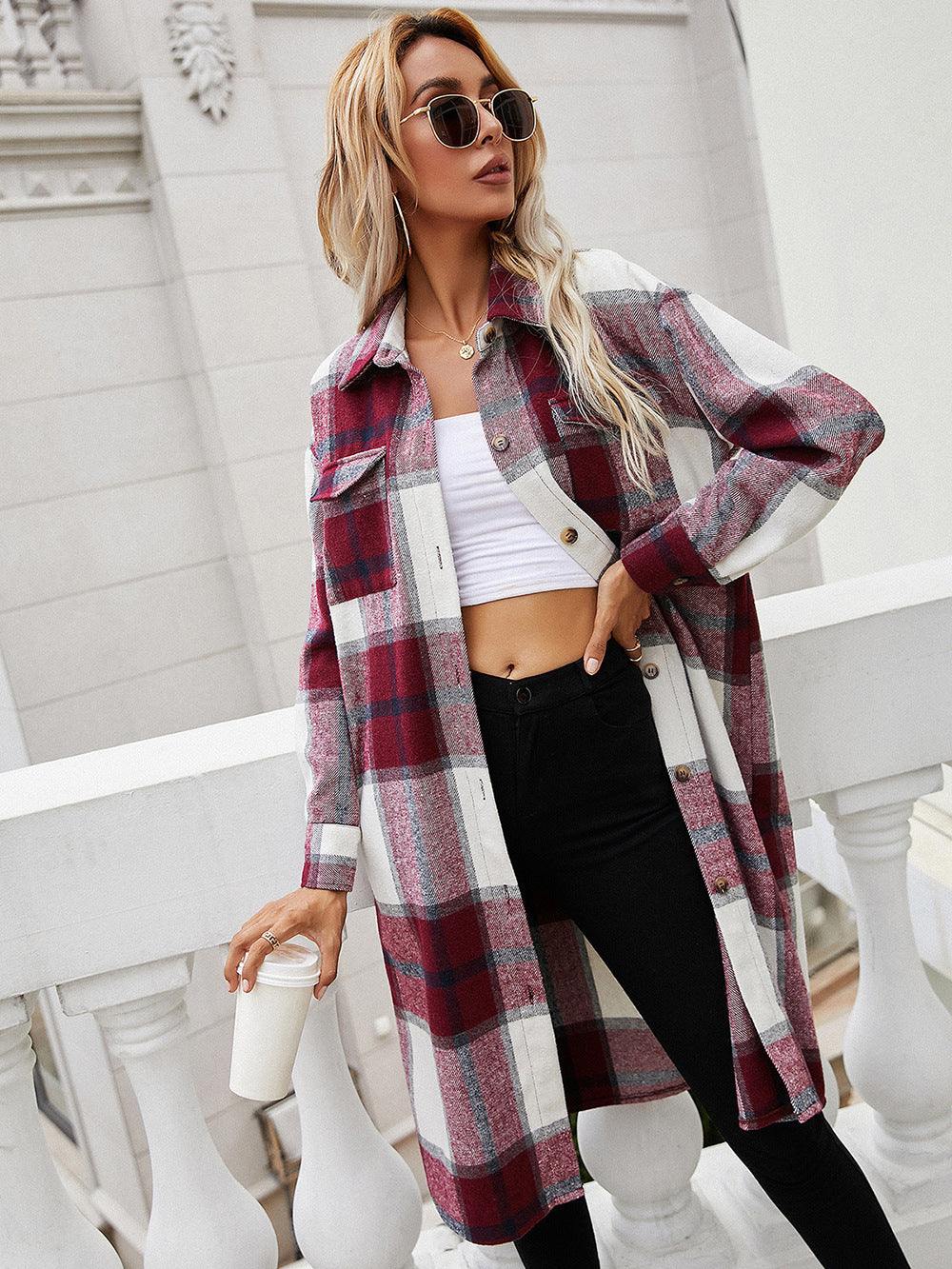 Plaid Longline Shirt Jacket - Flyclothing LLC