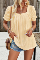 Eyelet Square Neck Puff Sleeve T-Shirt - Flyclothing LLC