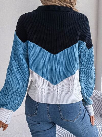 Color Block Dropped Shoulder Sweater - Flyclothing LLC