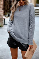 Cable-Knit Round Neck Drop Shoulder Sweater - Flyclothing LLC