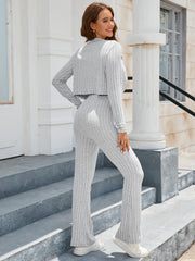 Ribbed Collared Neck Zip-Up Top and Pants Set - Trendsi