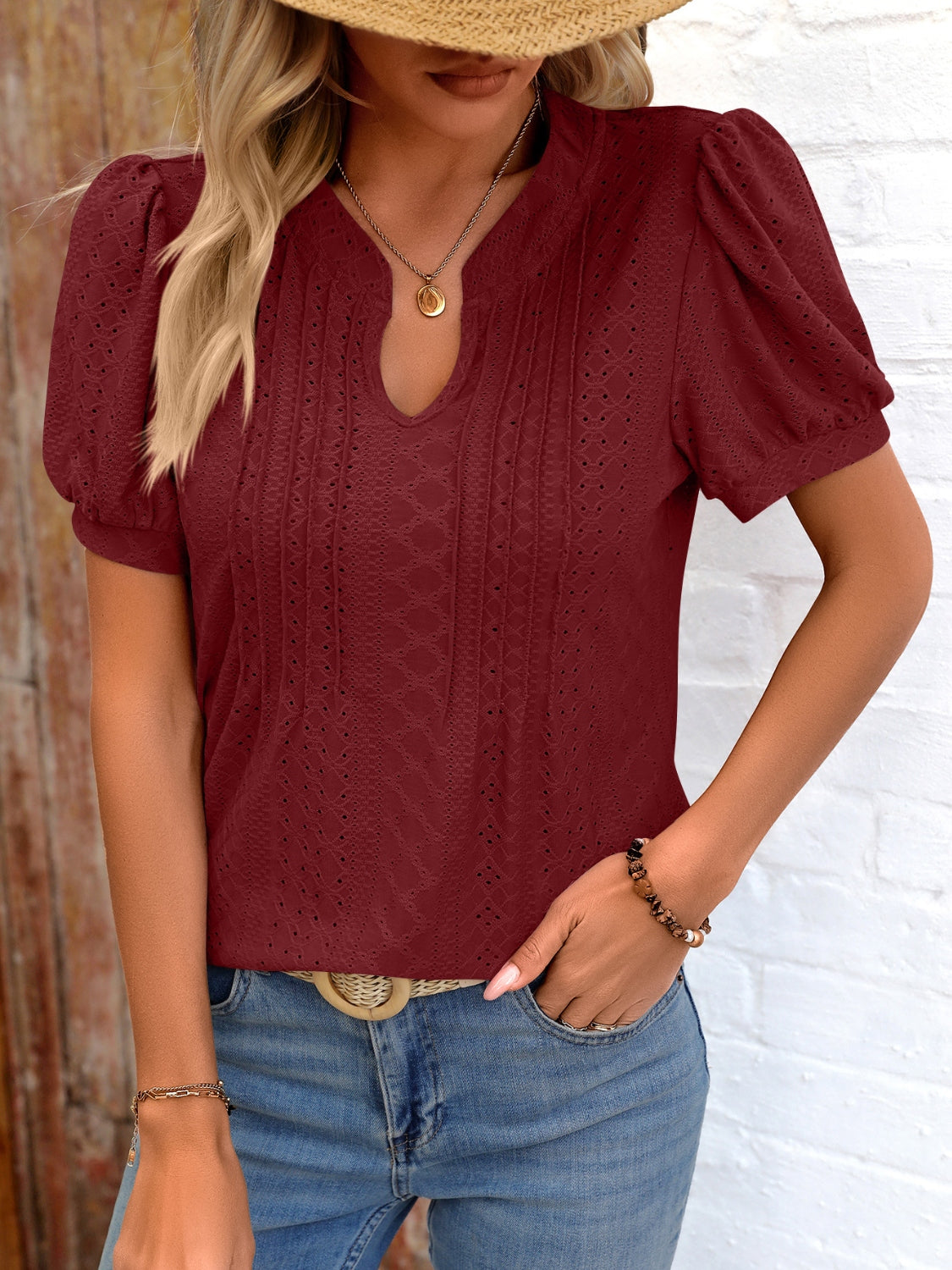 Eyelet Notched Puff Sleeve T-Shirt - Flyclothing LLC