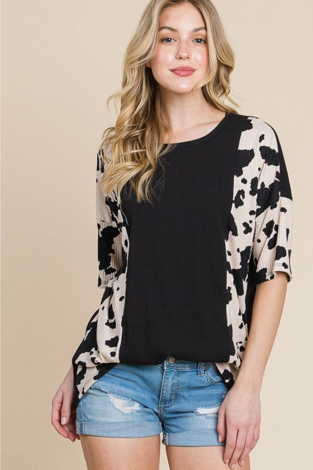 BOMBOM Rodeo Love Ribbed Animal Contrast Tee - Trendsi