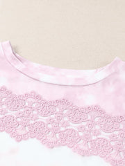 Tie-Dye Lace Trim Round Neck Top - Flyclothing LLC