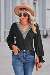 Contrast V-Neck Flounce Sleeve Top - Trendsi