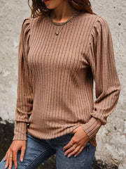 Ribbed Round Neck Long Sleeve T-Shirt - Flyclothing LLC