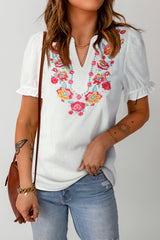 Embroidered Notched Neck Flounce Sleeve Top - Flyclothing LLC