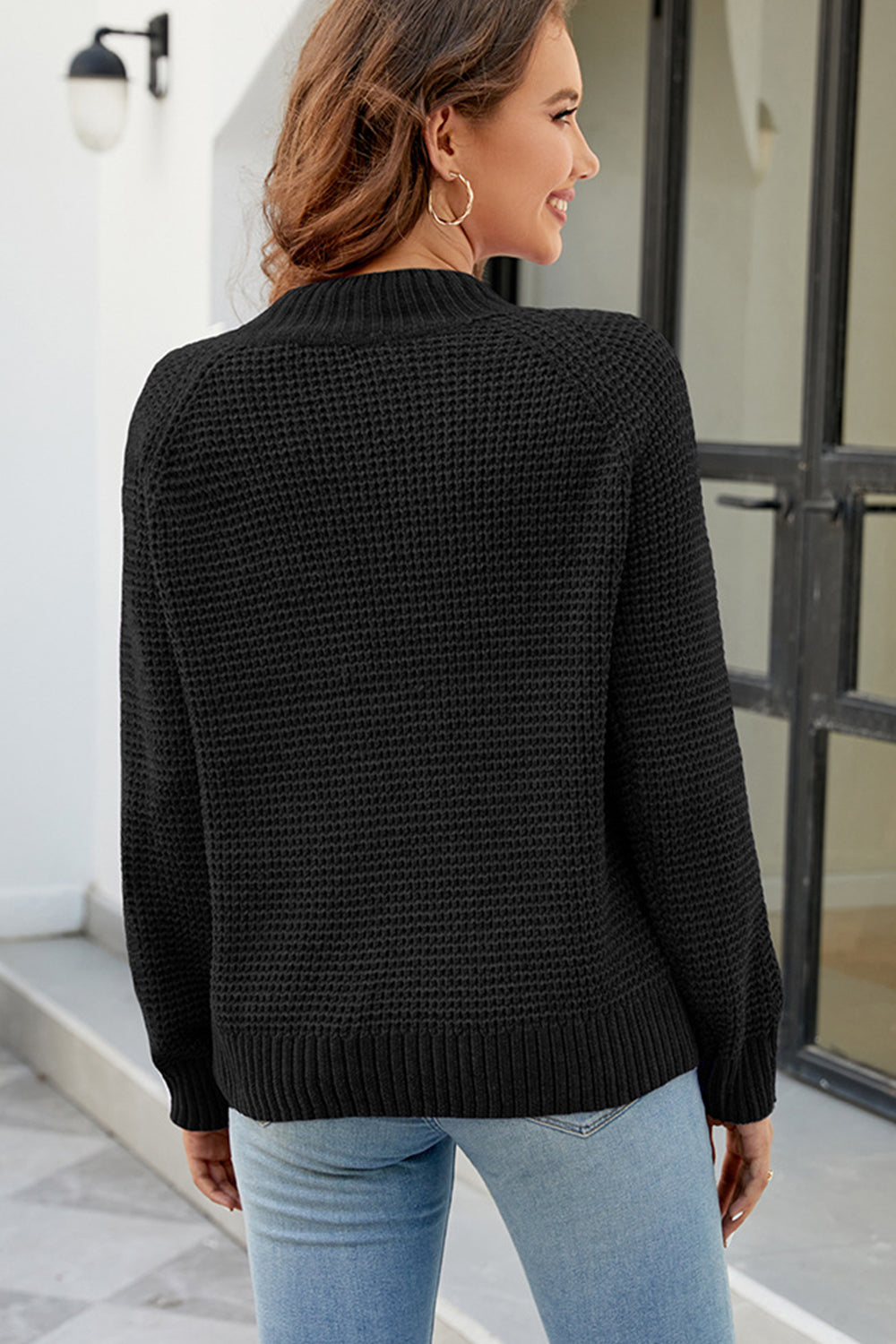 Waffle-Knit Round Neck Reglan Sleeve Sweater - Flyclothing LLC