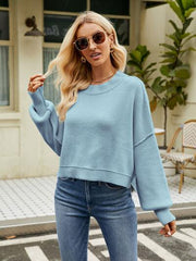 Round Neck Lantern Sleeve Sweater - Flyclothing LLC