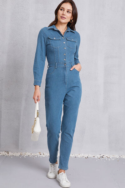 Snap Down Denim Jumpsuit with Pockets - Flyclothing LLC