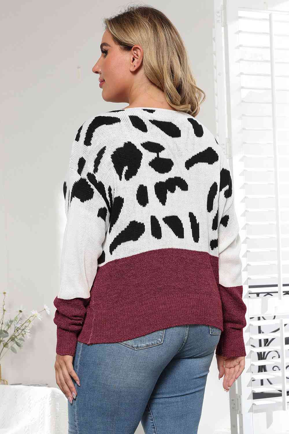 Plus Size Leopard Round Neck Long Sleeve Sweater - Trendsi