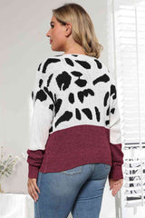 Plus Size Leopard Round Neck Long Sleeve Sweater - Flyclothing LLC