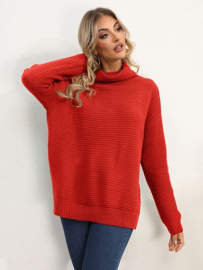 Slit Turtleneck Dropped Shoulder Sweater - Flyclothing LLC