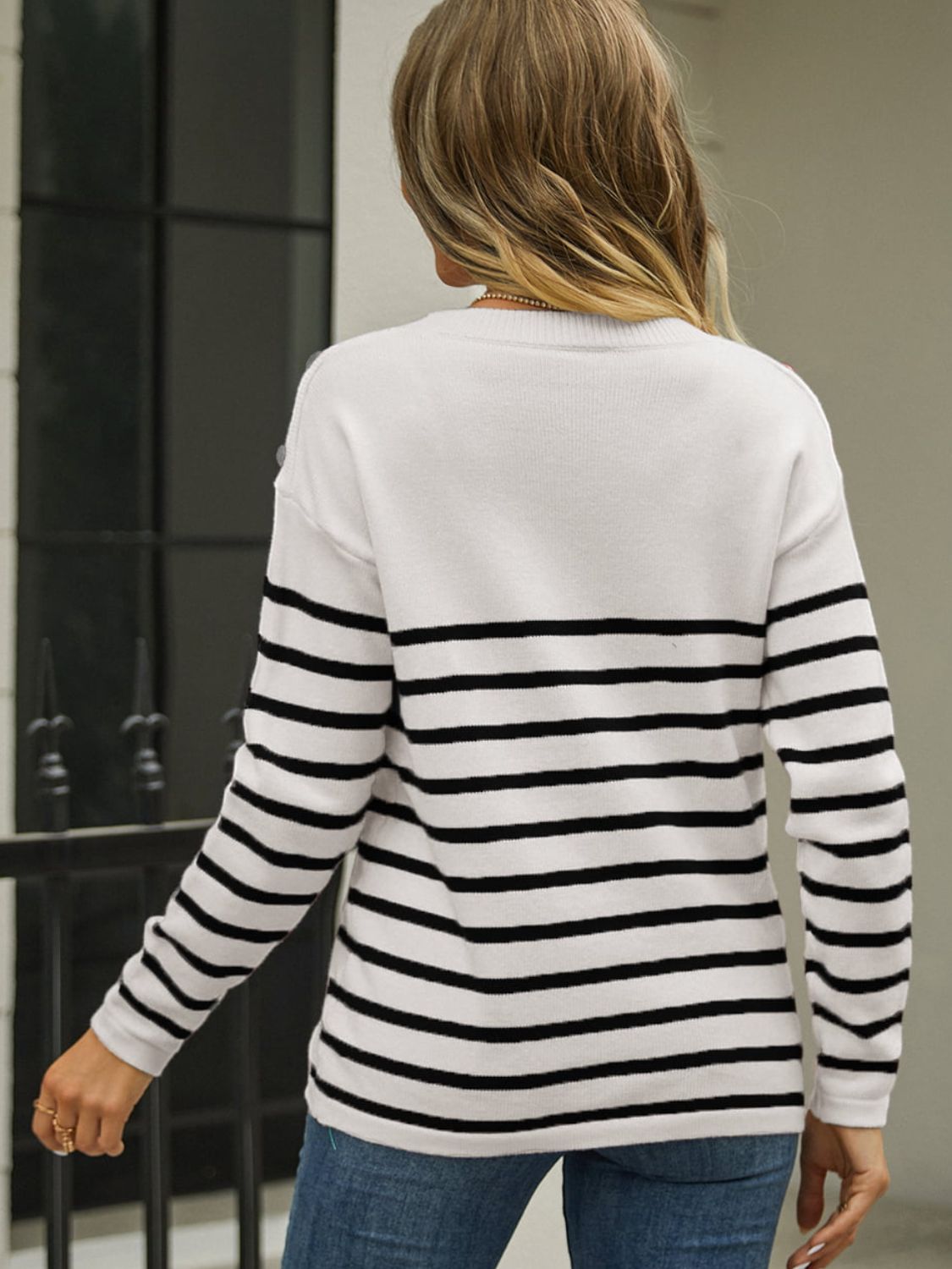 Round Neck Shoulder Button Striped Pullover Sweater - Flyclothing LLC