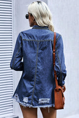 Distressed Snap Down Denim Jacket - Flyclothing LLC