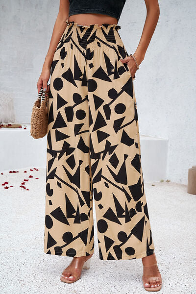 Smocked Printed Wide Leg Pants with Pockets - Flyclothing LLC