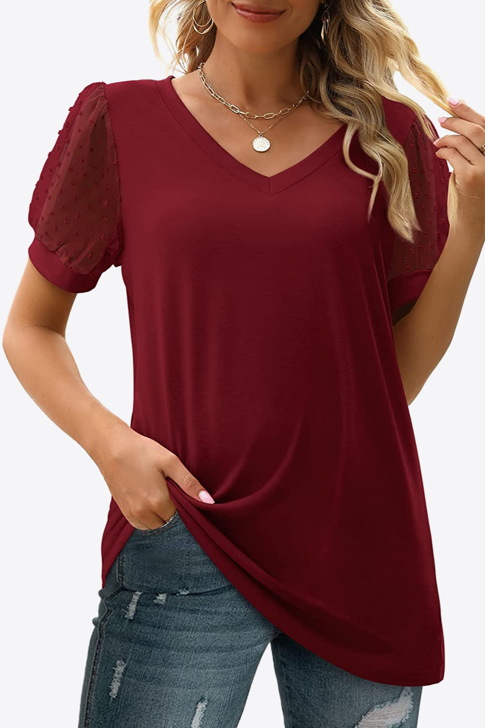 Swiss Dot Puff Sleeve V-Neck Tee - Flyclothing LLC