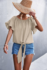 Flutter Sleeve Tie-Front Blouse - Flyclothing LLC