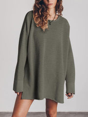 Openwork Round Neck Long Sleeve Slit Sweater - Flyclothing LLC