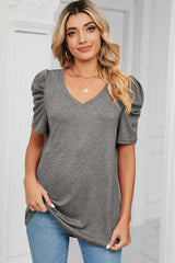 Heathered V-Neck Puff Sleeve T-Shirt - Flyclothing LLC