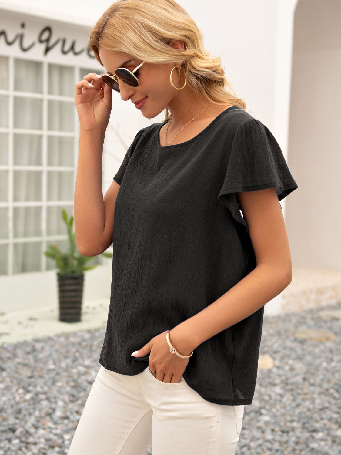 Round Neck Cutout Tie Back Top - Flyclothing LLC