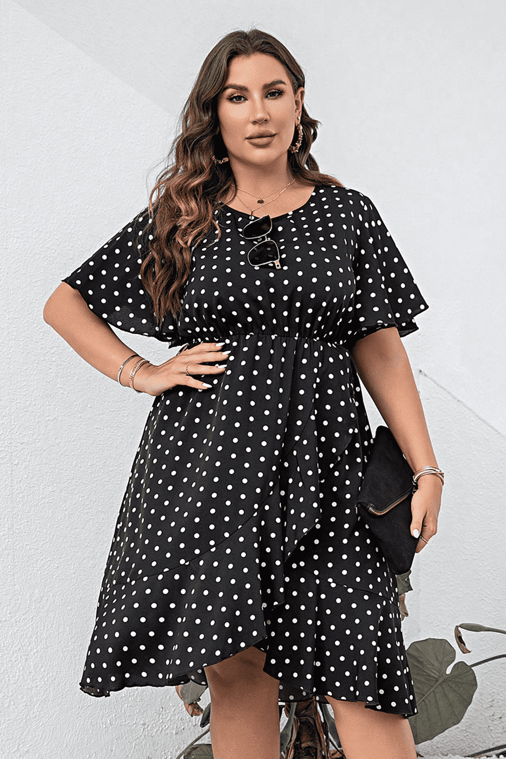 Plus Size Polka Dot Flutter Sleeve Dress - Flyclothing LLC