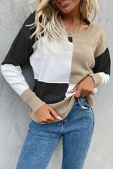 Color Block Ribbed Trim Round Neck Knit Pullover - Trendsi