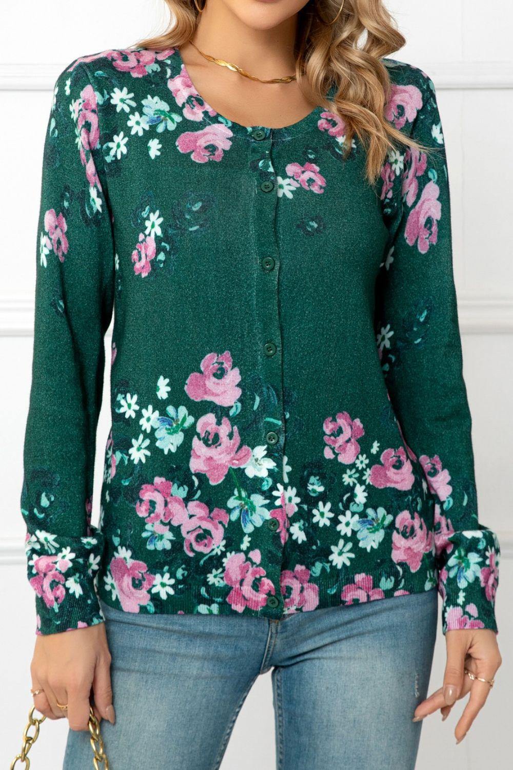 Floral Button Front Round Neck Cardigan - Flyclothing LLC