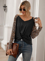 Leopard Twist Front Cold-Shoulder Tee - Trendsi