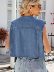 Pocketed Button Up Sleeveless Denim Jacket - Flyclothing LLC