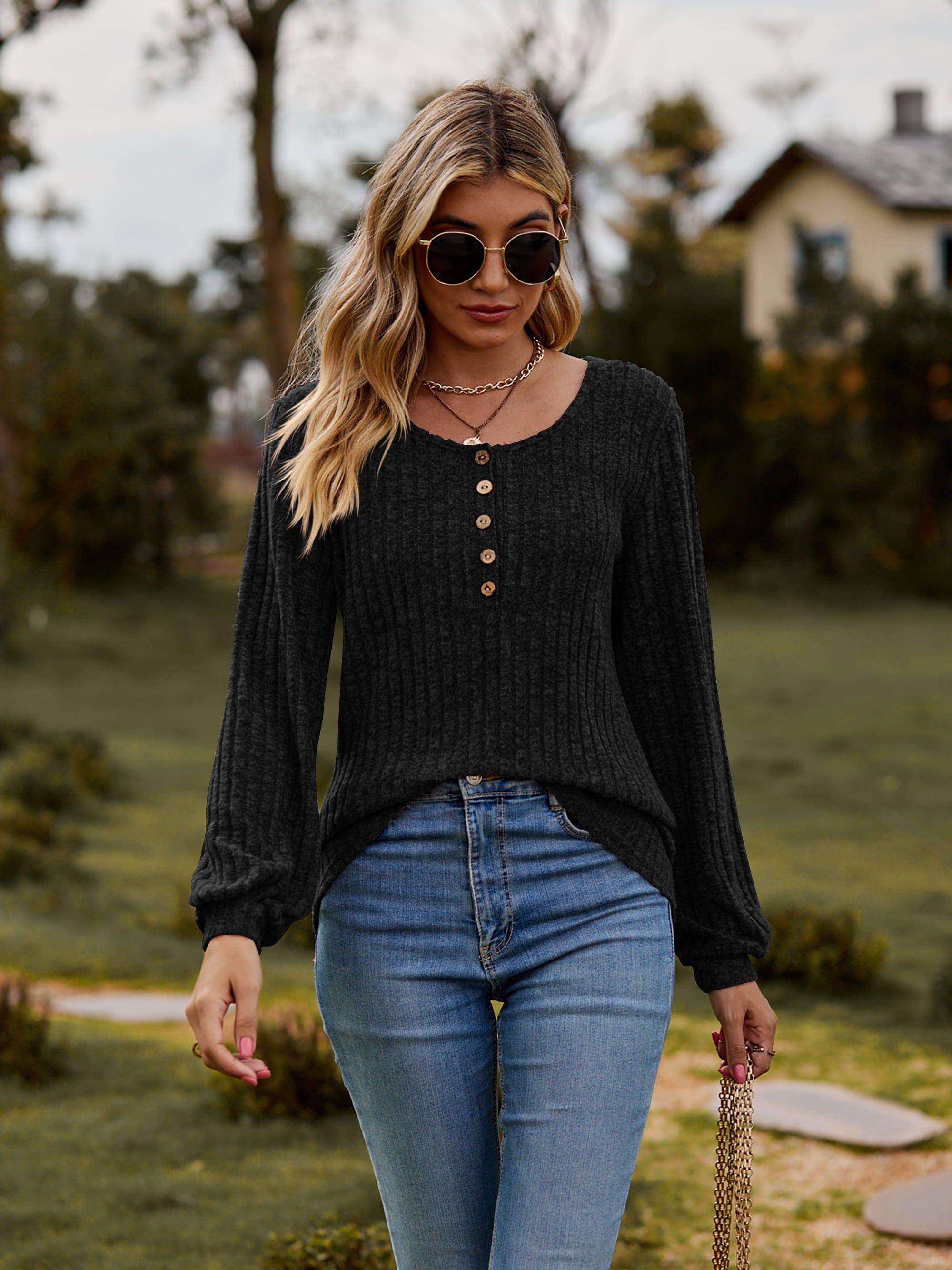 Round Neck Button-Down Long Sleeve Tee - Trendsi