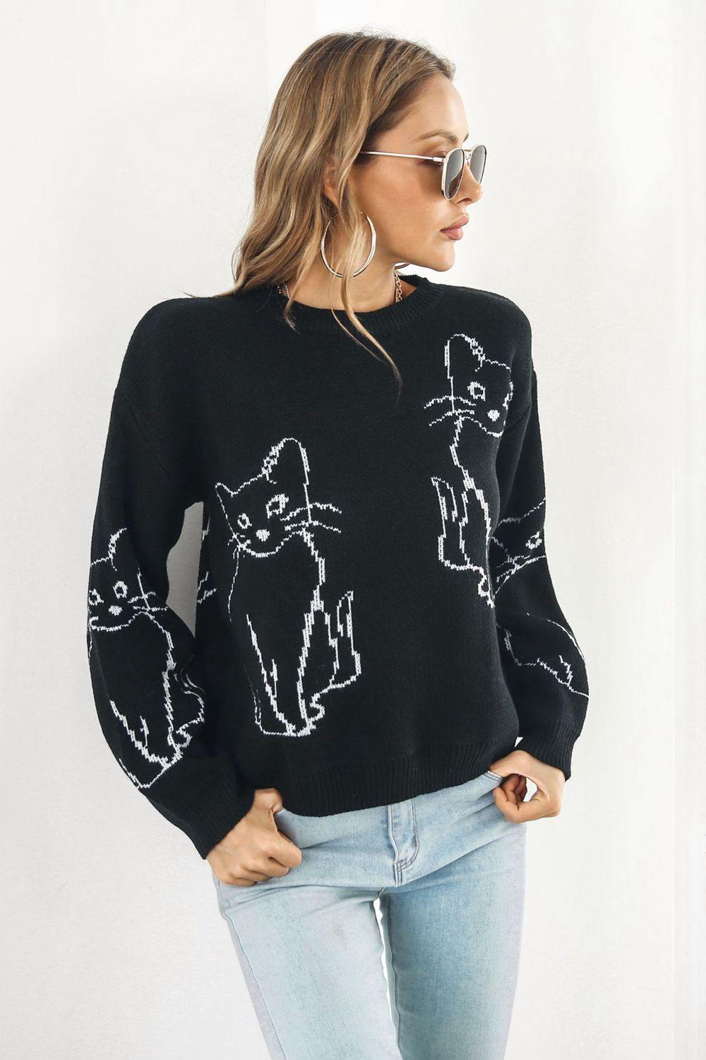 Cat Pattern Round Neck Long Sleeve Pullover Sweater - Flyclothing LLC