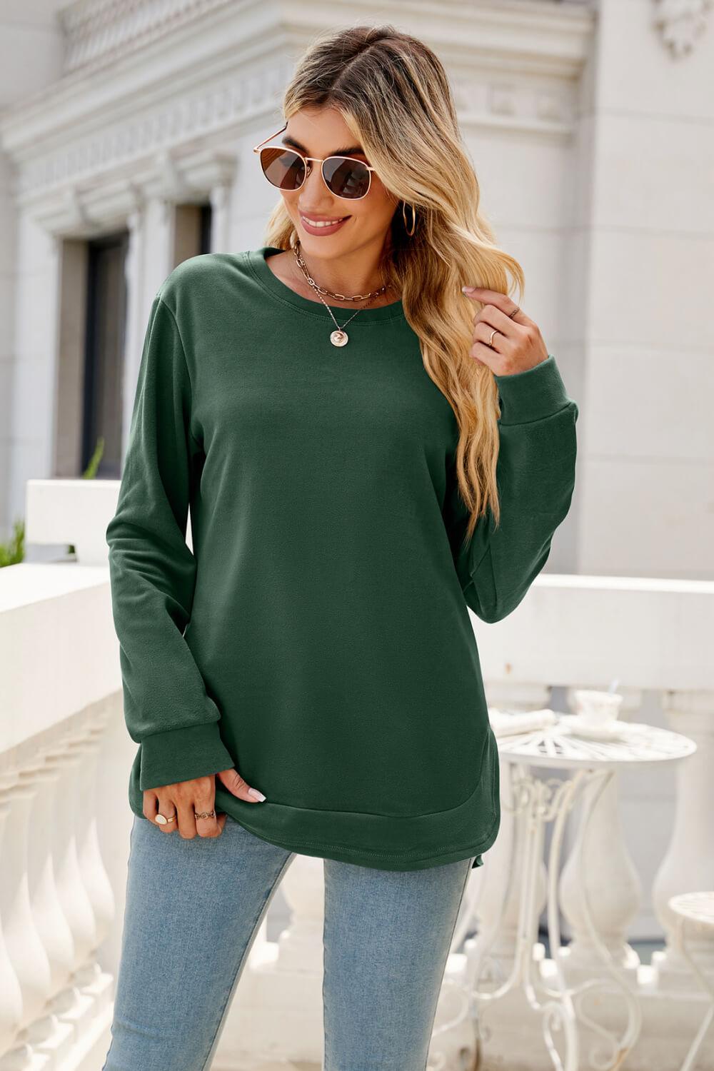 Round Neck Slit Tunic Top - Flyclothing LLC