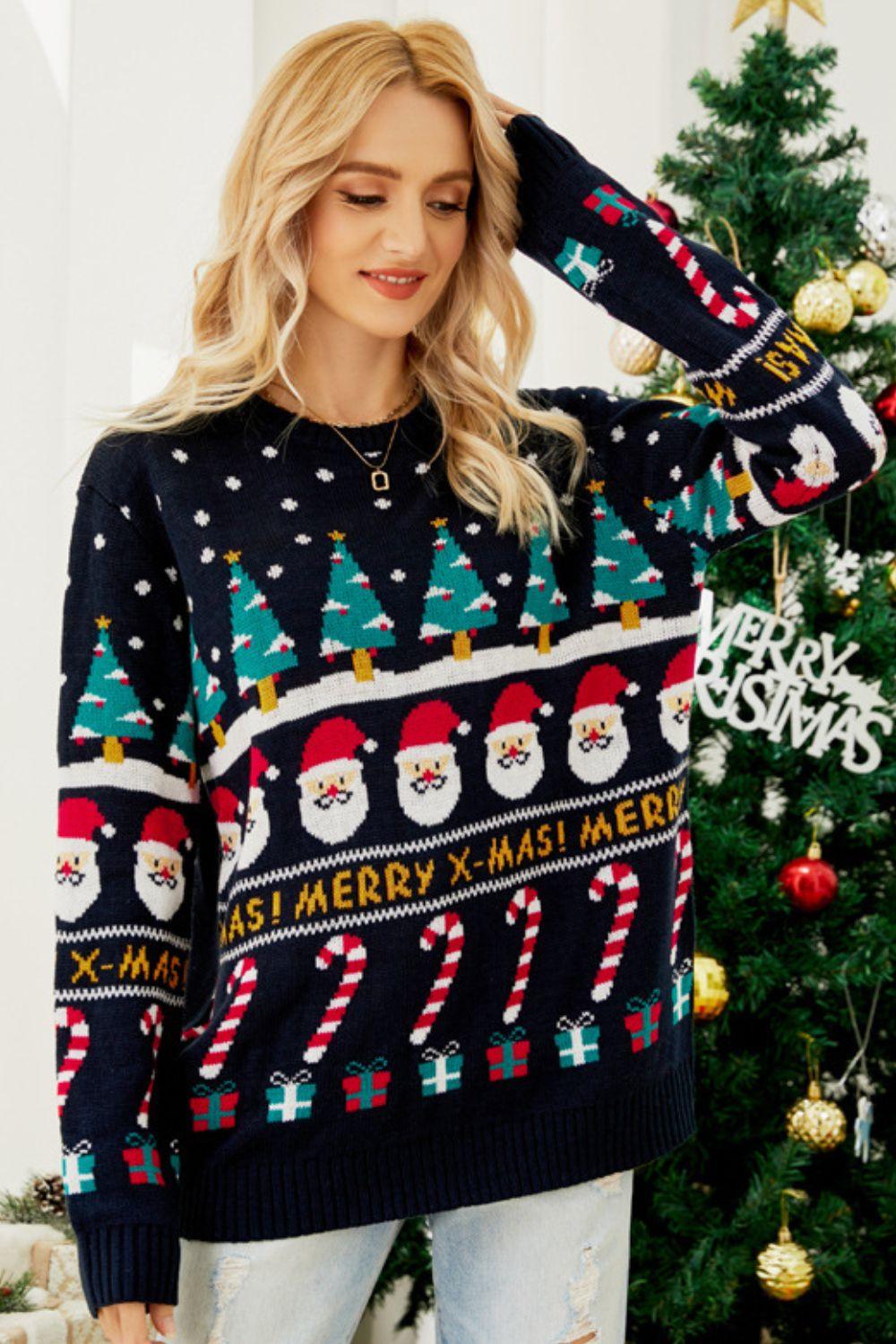 Christmas Candy Cane Ribbed Trim Sweater - Flyclothing LLC