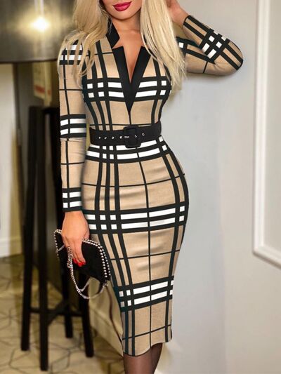 Printed Notched Long Sleeve Wrap Dress - Flyclothing LLC