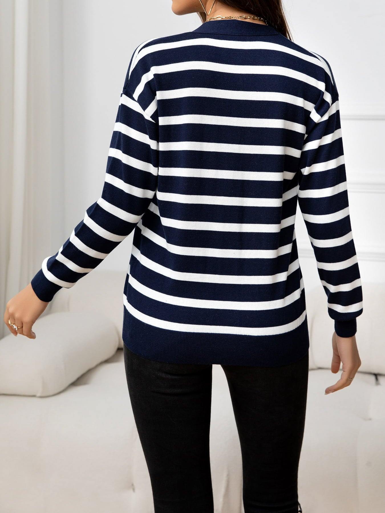 Striped Dropped Shoulder V-Neck Knit Top - Flyclothing LLC