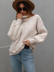 High Neck Balloon Sleeve Rib-Knit Pullover Sweater - Flyclothing LLC