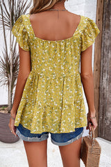 Printed Square Neck Cap Sleeve Blouse - Flyclothing LLC