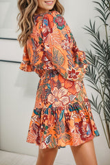 Tropical Print Tie Waist Lantern Sleeve Mini Dress - Flyclothing LLC