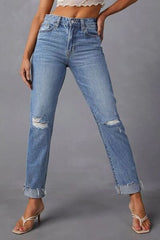 Distressed Raw Hem Straight Jeans with Pockets - Flyclothing LLC