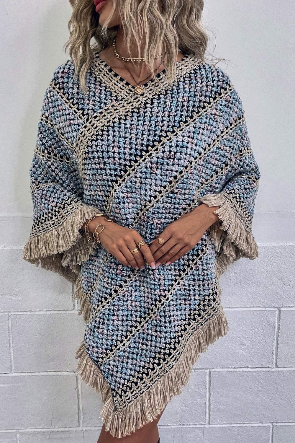 Round Neck Fringe Detail Sleeve Poncho – Flyclothing LLC