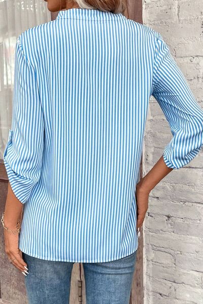 Striped Notched Roll-Tab Sleeve Shirt - Flyclothing LLC