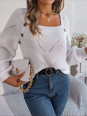 Openwork Buttoned Square Neck Sweater - Flyclothing LLC